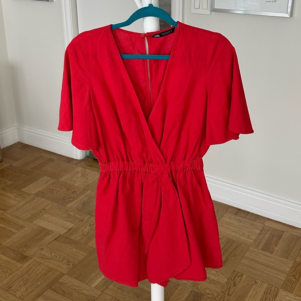Zara Red Linen Blend Short Jumpsuit Romper